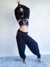 Load image into Gallery viewer, Andromeda Set in Black Bamboo - 5 pieces (Pants, Top, Hooded Shrug, Mask and Gloves) - Fire Safe Bellydance Costume