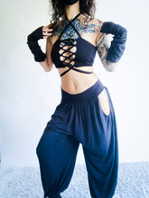 Load image into Gallery viewer, Andromeda Set in Black Bamboo - 5 pieces (Pants, Top, Hooded Shrug, Mask and Gloves) - Fire Safe Bellydance Costume