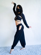 Load image into Gallery viewer, Andromeda Set in Black Bamboo - 5 pieces (Pants, Top, Hooded Shrug, Mask and Gloves) - Fire Safe Bellydance Costume