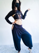 Load image into Gallery viewer, Andromeda Set in Black Bamboo - 5 pieces (Pants, Top, Hooded Shrug, Mask and Gloves) - Fire Safe Bellydance Costume