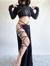 Load image into Gallery viewer, Serpentina Set in Black Cotton - 5 pieces (Skirt, Top, Hooded Shrug, Mask and Gloves) - Fire Safe Bellydance Costume