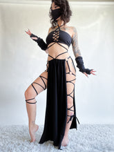Load image into Gallery viewer, Serpentina Set in Black Cotton - 3 pieces (Skirt, Top and Gloves) - Fire Safe Bellydance Costume