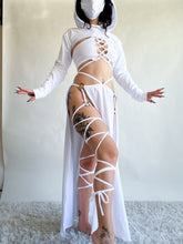 Load image into Gallery viewer, Serpentina Set in White Cotton - 5 pieces (Skirt, Top, Hooded Shrug, Mask and Gloves) - Fire Safe Bellydance Costume