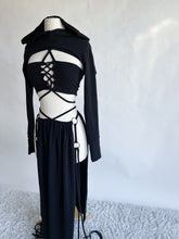 Load image into Gallery viewer, Serpentina Set in Black Cotton - 5 pieces (Skirt, Top, Hooded Shrug, Mask and Gloves) - Fire Safe Bellydance Costume