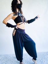 Load image into Gallery viewer, Andromeda Set in Black Bamboo - 5 pieces (Pants, Top, Hooded Shrug, Mask and Gloves) - Fire Safe Bellydance Costume