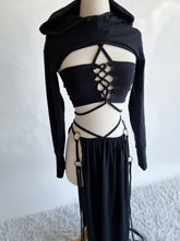 Load image into Gallery viewer, Serpentina Set in Black Cotton - 5 pieces (Skirt, Top, Hooded Shrug, Mask and Gloves) - Fire Safe Bellydance Costume