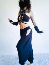 Load image into Gallery viewer, Andromeda Set in Black Bamboo - 5 pieces (Pants, Top, Hooded Shrug, Mask and Gloves) - Fire Safe Bellydance Costume