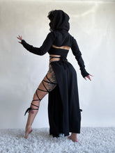 Load image into Gallery viewer, Serpentina Set in Black Cotton - 5 pieces (Skirt, Top, Hooded Shrug, Mask and Gloves) - Fire Safe Bellydance Costume
