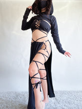 Load image into Gallery viewer, Serpentina Set in Black Cotton - 5 pieces (Skirt, Top, Hooded Shrug, Mask and Gloves) - Fire Safe Bellydance Costume