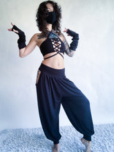 Load image into Gallery viewer, Andromeda Set in Black Bamboo - 5 pieces (Pants, Top, Hooded Shrug, Mask and Gloves) - Fire Safe Bellydance Costume