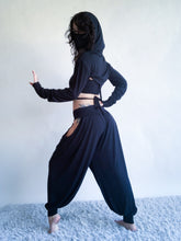 Load image into Gallery viewer, Andromeda Set in Black Bamboo - 5 pieces (Pants, Top, Hooded Shrug, Mask and Gloves) - Fire Safe Bellydance Costume