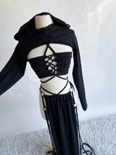 Load image into Gallery viewer, Serpentina Set in Black Cotton - 5 pieces (Skirt, Top, Hooded Shrug, Mask and Gloves) - Fire Safe Bellydance Costume