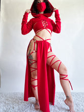 Load image into Gallery viewer, Serpentina Set in Red Cotton - 5 pieces (Skirt, Top, Hooded Shrug, Mask and Gloves) - Fire Safe Bellydance Costume