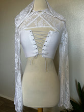 Load image into Gallery viewer, White Lace Hooded Shrug and Bamboo Lace Up Top - XS/Small
