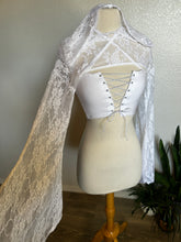 Load image into Gallery viewer, White Lace Hooded Shrug and Bamboo Lace Up Top - XS/Small