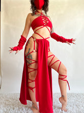 Load image into Gallery viewer, Serpentina Set in Red Cotton - 5 pieces (Skirt, Top, Hooded Shrug, Mask and Gloves) - Fire Safe Bellydance Costume
