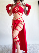 Load image into Gallery viewer, Serpentina Set in Red Cotton - 3 pieces (Skirt, Top and Gloves) - Fire Safe Bellydance Costume

