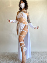 Load image into Gallery viewer, Serpentina Set in White Cotton - 3 pieces (Skirt, Top and Gloves) - Fire Safe Bellydance Costume
