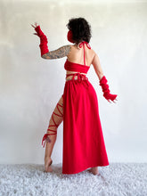 Load image into Gallery viewer, Serpentina Set in Red Cotton - 3 pieces (Skirt, Top and Gloves) - Fire Safe Bellydance Costume
