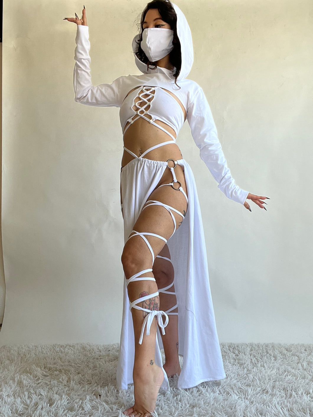 Serpentina Set in White Cotton - 5 pieces (Skirt, Top, Hooded Shrug, Mask and Gloves) - Fire Safe Bellydance Costume
