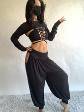 Load image into Gallery viewer, Andromeda Set in Black Bamboo - 5 pieces (Pants, Top, Hooded Shrug, Mask and Gloves) - Fire Safe Bellydance Costume
