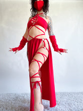 Load image into Gallery viewer, Serpentina Set in Red Cotton - 3 pieces (Skirt, Top and Gloves) - Fire Safe Bellydance Costume
