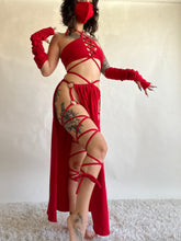 Load image into Gallery viewer, Serpentina Set in Red Cotton - 5 pieces (Skirt, Top, Hooded Shrug, Mask and Gloves) - Fire Safe Bellydance Costume
