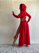 Load image into Gallery viewer, Serpentina Set in Red Cotton - 5 pieces (Skirt, Top, Hooded Shrug, Mask and Gloves) - Fire Safe Bellydance Costume
