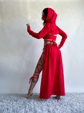 Load image into Gallery viewer, Serpentina Set in Red Cotton - 5 pieces (Skirt, Top, Hooded Shrug, Mask and Gloves) - Fire Safe Bellydance Costume
