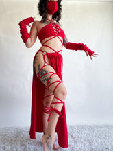 Load image into Gallery viewer, Serpentina Set in Red Cotton - 3 pieces (Skirt, Top and Gloves) - Fire Safe Bellydance Costume
