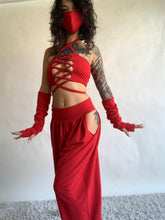 Load image into Gallery viewer, LIMITED - Andromeda Set in Red Bamboo - 5 pieces (Pants, Top, Hooded Shrug, Mask and Gloves) - Fire Safe Bellydance Costume
