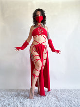 Load image into Gallery viewer, Serpentina Set in Red Cotton - 3 pieces (Skirt, Top and Gloves) - Fire Safe Bellydance Costume
