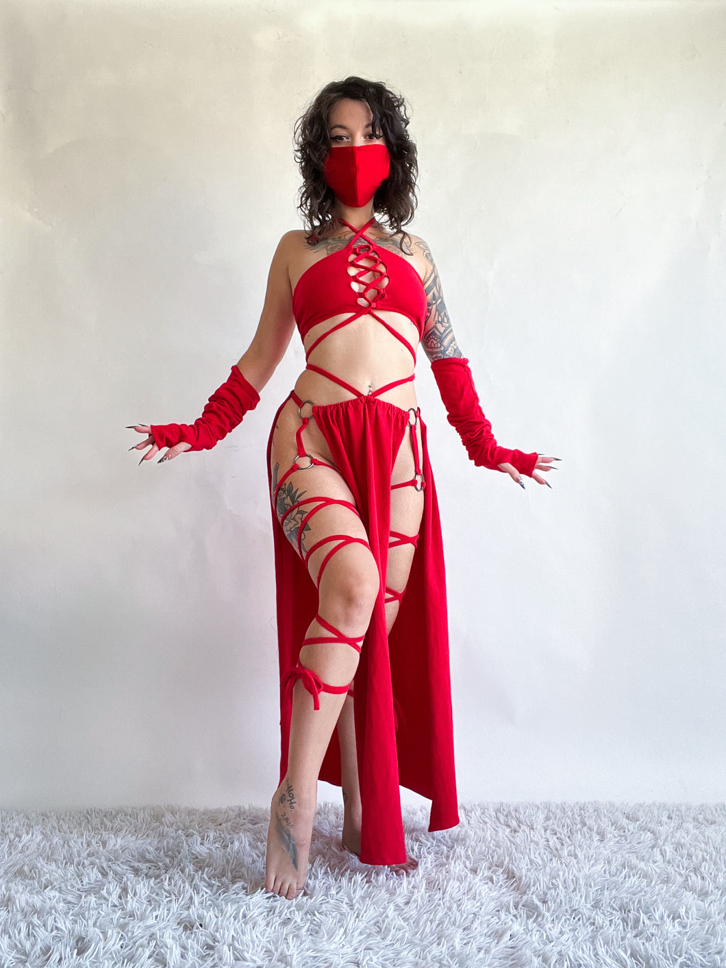 Serpentina Set in Red Cotton - 3 pieces (Skirt, Top and Gloves) - Fire Safe Bellydance Costume
