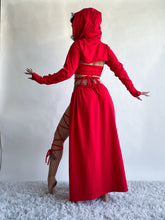 Load image into Gallery viewer, Serpentina Set in Red Cotton - 5 pieces (Skirt, Top, Hooded Shrug, Mask and Gloves) - Fire Safe Bellydance Costume
