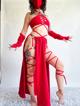Load image into Gallery viewer, Serpentina Set in Red Cotton - 3 pieces (Skirt, Top and Gloves) - Fire Safe Bellydance Costume
