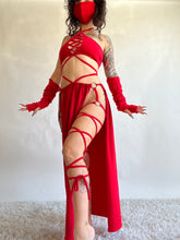 Load image into Gallery viewer, Serpentina Set in Red Cotton - 5 pieces (Skirt, Top, Hooded Shrug, Mask and Gloves) - Fire Safe Bellydance Costume
