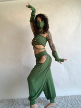 Load image into Gallery viewer, LIMITED - Andromeda Set in Olive Green Bamboo - 5 pieces (Pants, Top, Hooded Shrug, Mask and Gloves) - Fire Safe Bellydance Costume
