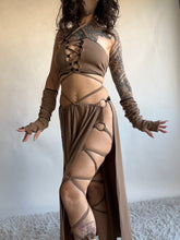 Load image into Gallery viewer, LIMITED - Serpentina Set in Cappuccino Bamboo - 5 pieces (Skirt, Top, Hooded Shrug, Mask and Gloves) - Fire Safe Bellydance Costume
