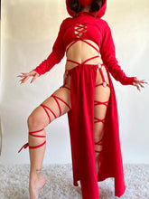 Load image into Gallery viewer, Serpentina Set in Red Cotton - 5 pieces (Skirt, Top, Hooded Shrug, Mask and Gloves) - Fire Safe Bellydance Costume
