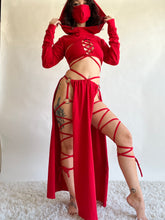 Load image into Gallery viewer, Serpentina Set in Red Cotton - 5 pieces (Skirt, Top, Hooded Shrug, Mask and Gloves) - Fire Safe Bellydance Costume
