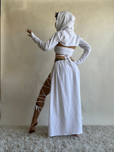Load image into Gallery viewer, Serpentina Set in White Cotton - 5 pieces (Skirt, Top, Hooded Shrug, Mask and Gloves) - Fire Safe Bellydance Costume

