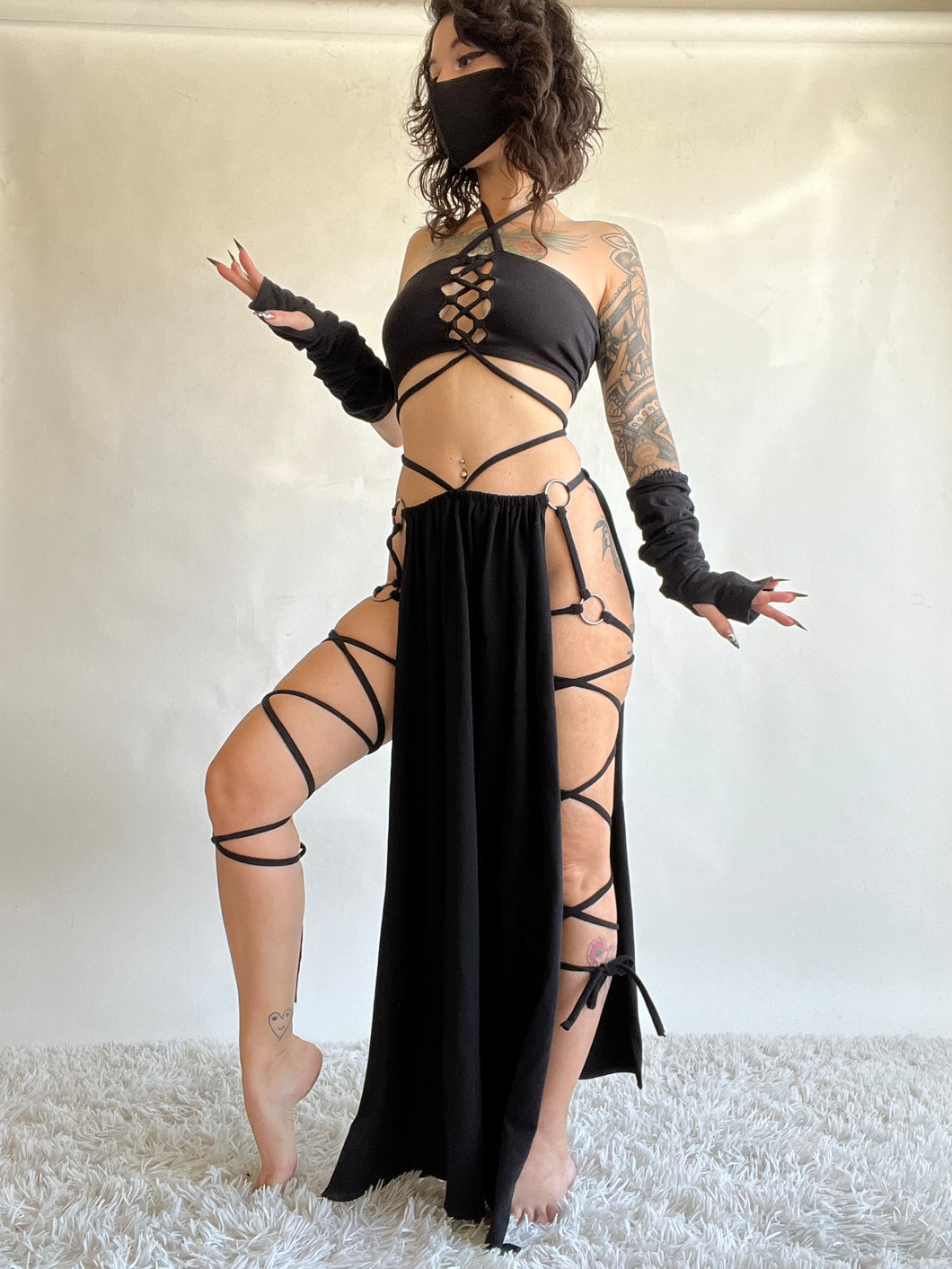 Serpentina Set in Black Cotton - 3 pieces (Skirt, Top and Gloves) - Fire Safe Bellydance Costume
