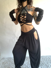 Load image into Gallery viewer, Andromeda Set in Black Bamboo - 5 pieces (Pants, Top, Hooded Shrug, Mask and Gloves) - Fire Safe Bellydance Costume
