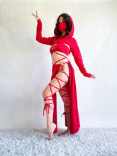 Load image into Gallery viewer, Serpentina Set in Red Cotton - 5 pieces (Skirt, Top, Hooded Shrug, Mask and Gloves) - Fire Safe Bellydance Costume
