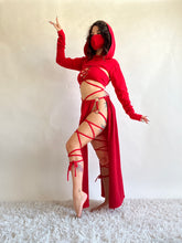 Load image into Gallery viewer, Serpentina Set in Red Cotton - 5 pieces (Skirt, Top, Hooded Shrug, Mask and Gloves) - Fire Safe Bellydance Costume
