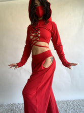 Load image into Gallery viewer, LIMITED - Andromeda Set in Red Bamboo - 5 pieces (Pants, Top, Hooded Shrug, Mask and Gloves) - Fire Safe Bellydance Costume
