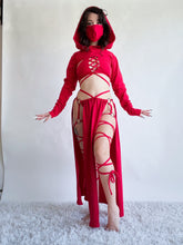 Load image into Gallery viewer, Serpentina Set in Red Cotton - 5 pieces (Skirt, Top, Hooded Shrug, Mask and Gloves) - Fire Safe Bellydance Costume
