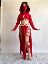 Load image into Gallery viewer, Serpentina Set in Red Cotton - 5 pieces (Skirt, Top, Hooded Shrug, Mask and Gloves) - Fire Safe Bellydance Costume
