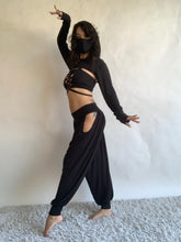 Load image into Gallery viewer, Andromeda Set in Black Bamboo - 5 pieces (Pants, Top, Hooded Shrug, Mask and Gloves) - Fire Safe Bellydance Costume
