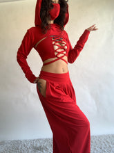 Load image into Gallery viewer, SAMPLE SALE - XS/SMALL - Andromeda Set in Red Bamboo - TOP, SHRUG, GLOVES, AND MASK
